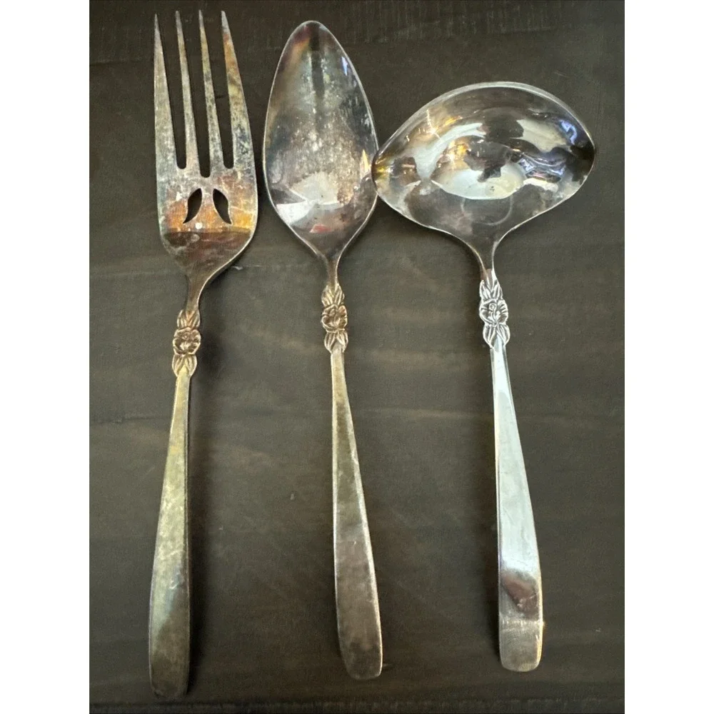 Ekco Inverness Silverplate  Art Deco Mid Century  Serving Spoon Fork Ladle-3 Pcs